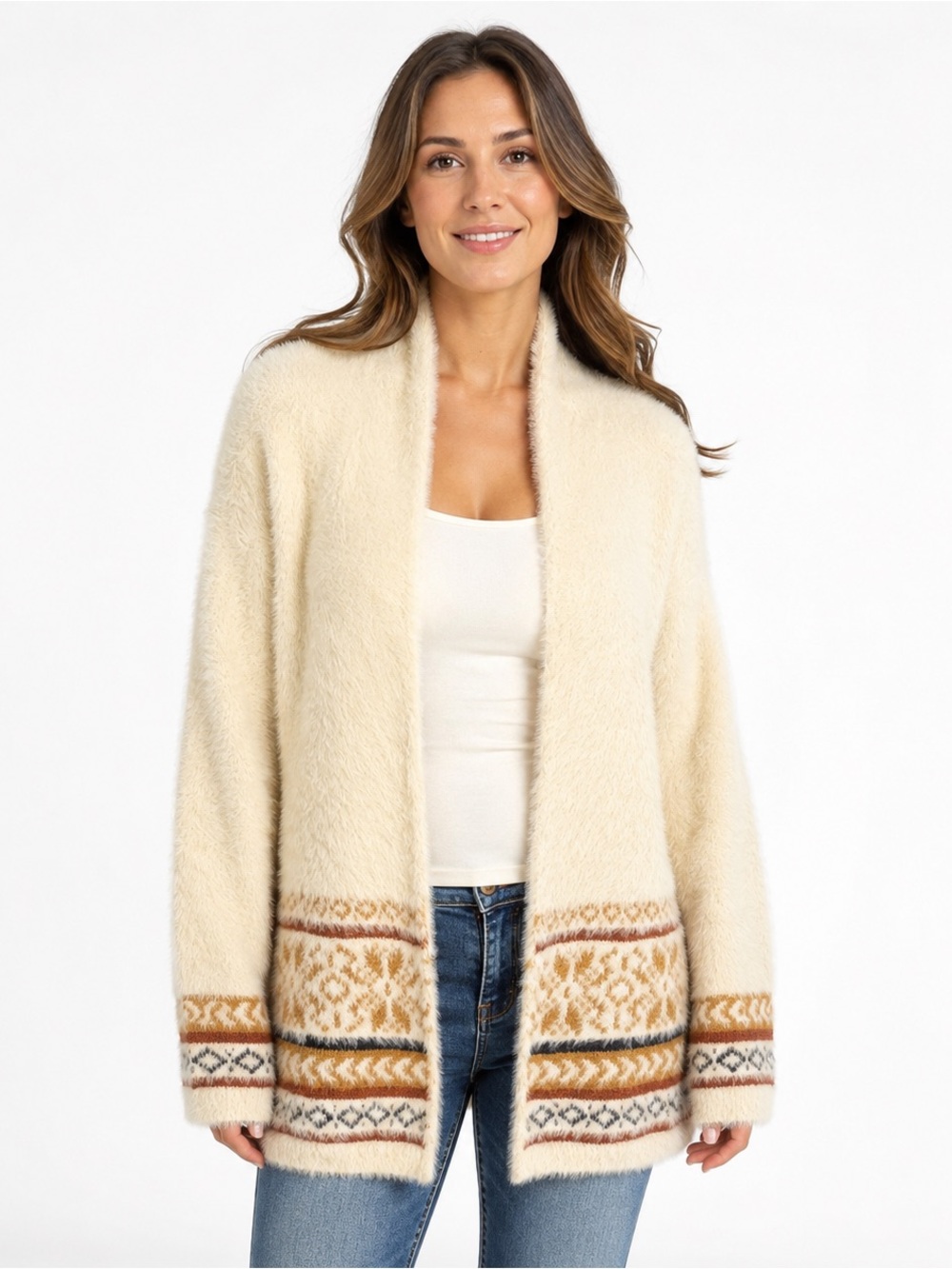 Sadie & Sage Fuzzy Animal Print Boho Open Front Cardigan Cream Small